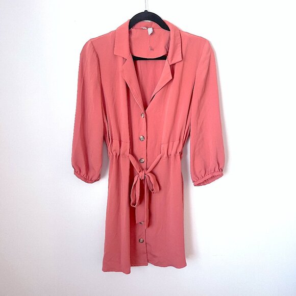 NWOT ASOS Long Sleeve Collared Button Down Shirt Dress Tie Waist Muted Coral 4 - Picture 1 of 6